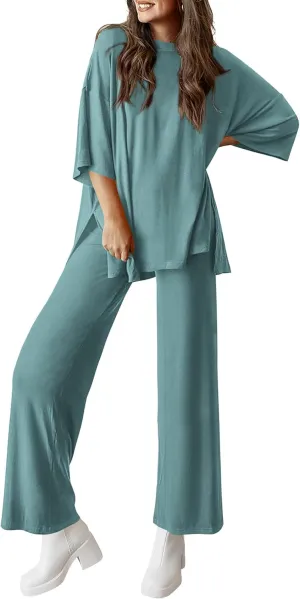 PRETTYGARDEN Women's 2 Piece Outfits Casual Short Sleeve Pullover Tops and Wide Leg Pants Lounge Sets Tracksuits