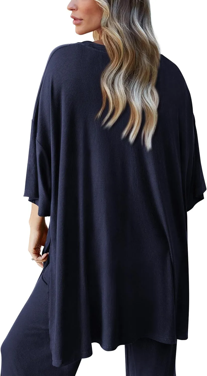 PRETTYGARDEN Women's 2 Piece Outfits Casual Short Sleeve Pullover Tops and Wide Leg Pants Lounge Sets Tracksuits