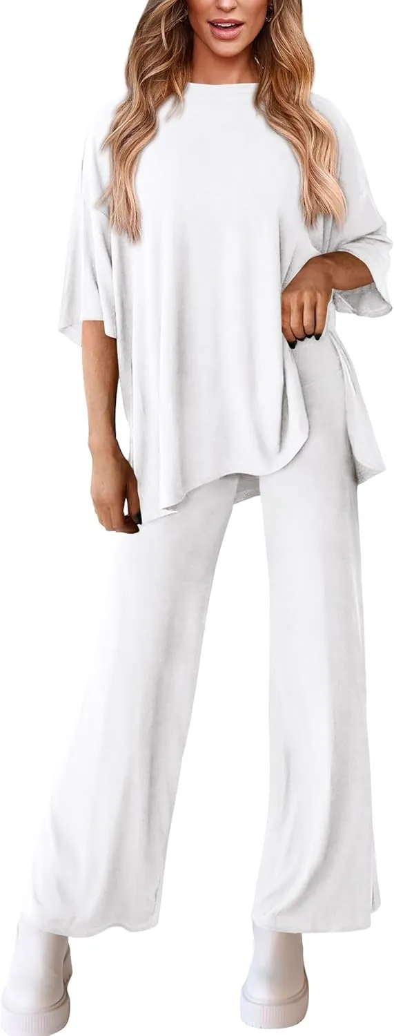 PRETTYGARDEN Women's 2 Piece Outfits Casual Short Sleeve Pullover Tops and Wide Leg Pants Lounge Sets Tracksuits