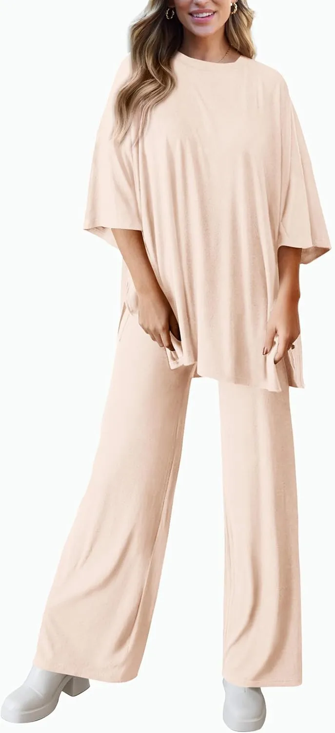 PRETTYGARDEN Women's 2 Piece Outfits Casual Short Sleeve Pullover Tops and Wide Leg Pants Lounge Sets Tracksuits