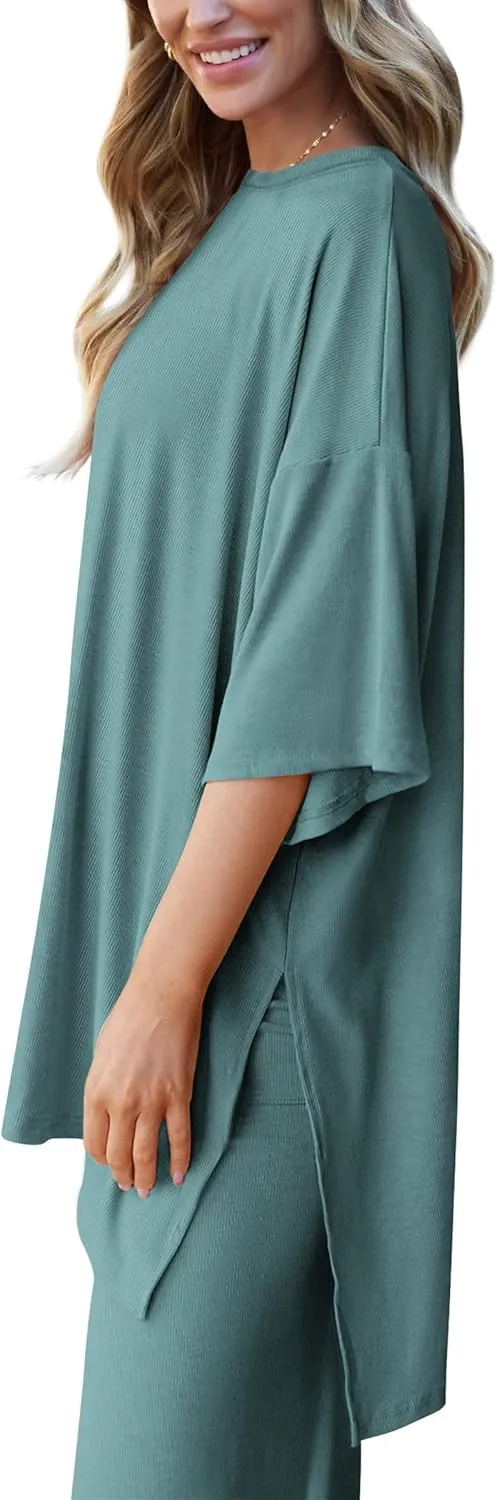 PRETTYGARDEN Women's 2 Piece Outfits Casual Short Sleeve Pullover Tops and Wide Leg Pants Lounge Sets Tracksuits