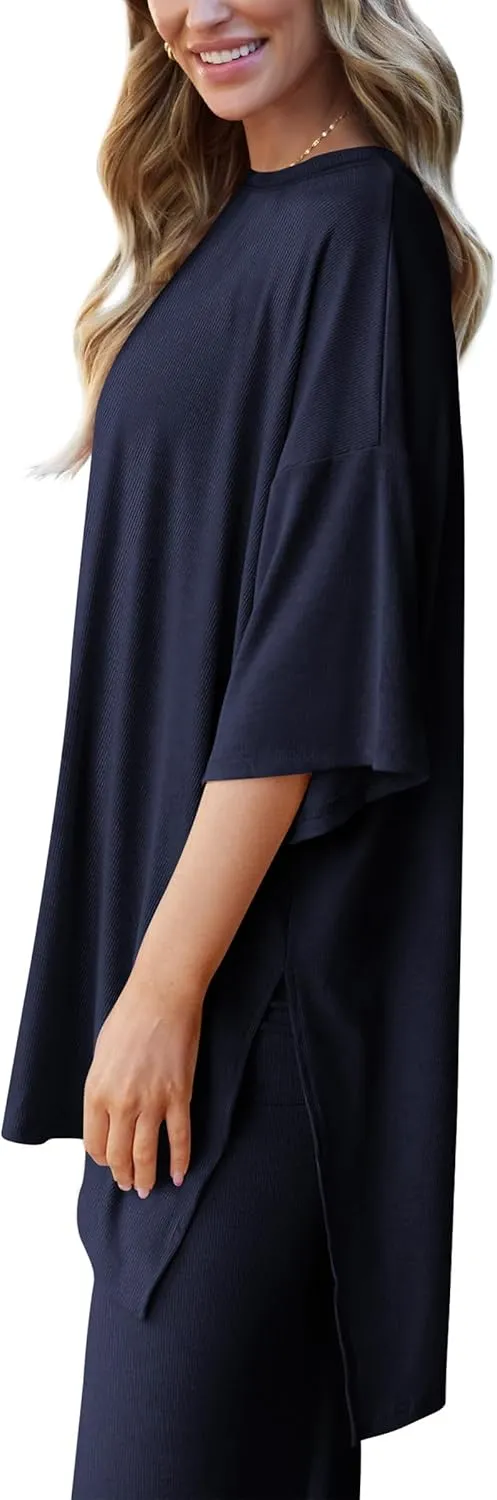 PRETTYGARDEN Women's 2 Piece Outfits Casual Short Sleeve Pullover Tops and Wide Leg Pants Lounge Sets Tracksuits