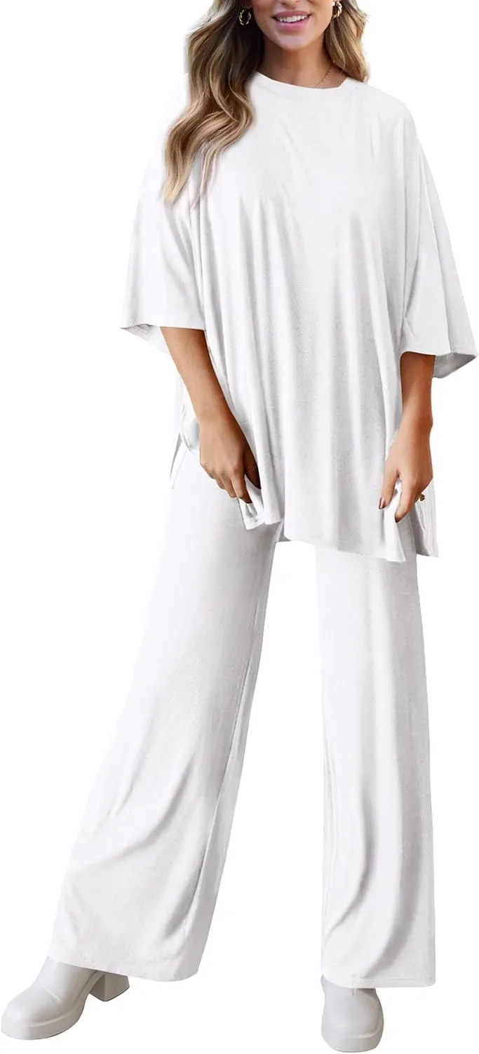 PRETTYGARDEN Women's 2 Piece Outfits Casual Short Sleeve Pullover Tops and Wide Leg Pants Lounge Sets Tracksuits