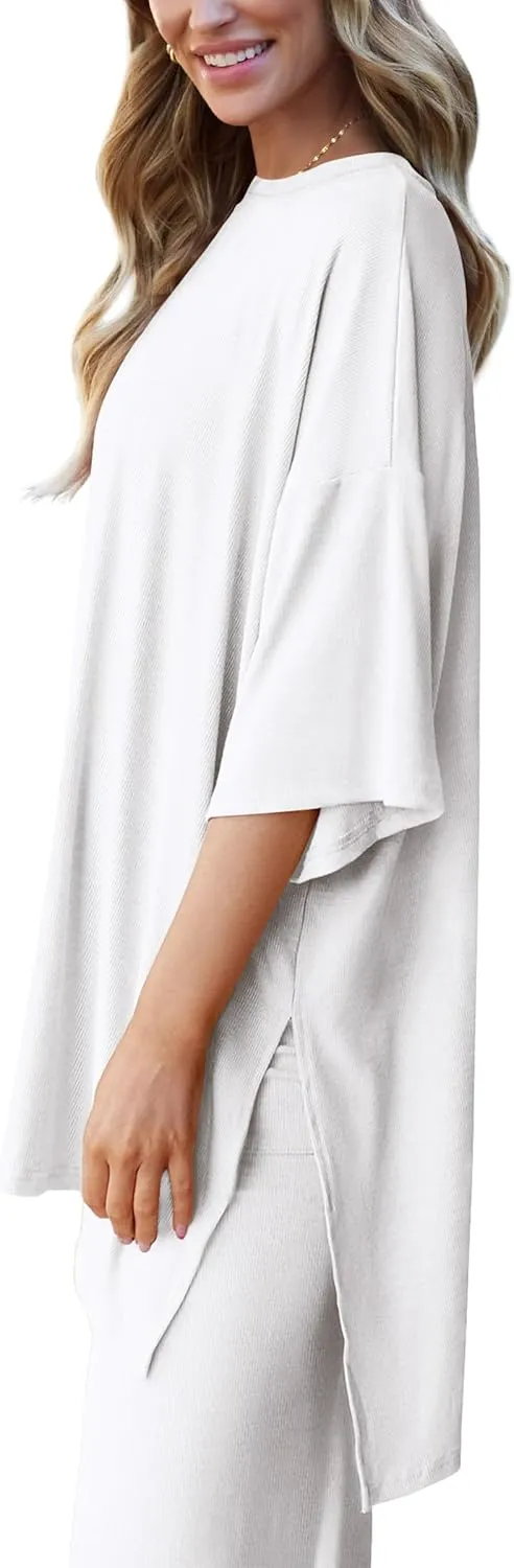 PRETTYGARDEN Women's 2 Piece Outfits Casual Short Sleeve Pullover Tops and Wide Leg Pants Lounge Sets Tracksuits