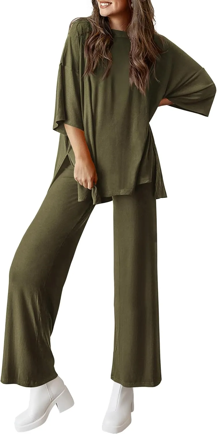 PRETTYGARDEN Women's 2 Piece Outfits Casual Short Sleeve Pullover Tops and Wide Leg Pants Lounge Sets Tracksuits