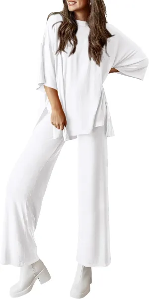 PRETTYGARDEN Women's 2 Piece Outfits Casual Short Sleeve Pullover Tops and Wide Leg Pants Lounge Sets Tracksuits