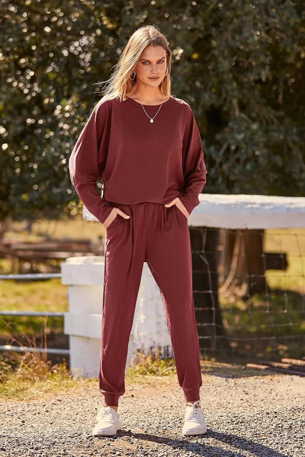 PRETTYGARDEN Women's Fall 2 Piece Outfits Fashion Sweatsuit Long Sleeve Pullover Pants Ribbed Spring Matching Lounge Set