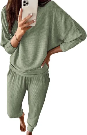 PRETTYGARDEN Women's Fall 2 Piece Outfits Fashion Sweatsuit Long Sleeve Pullover Pants Ribbed Spring Matching Lounge Set