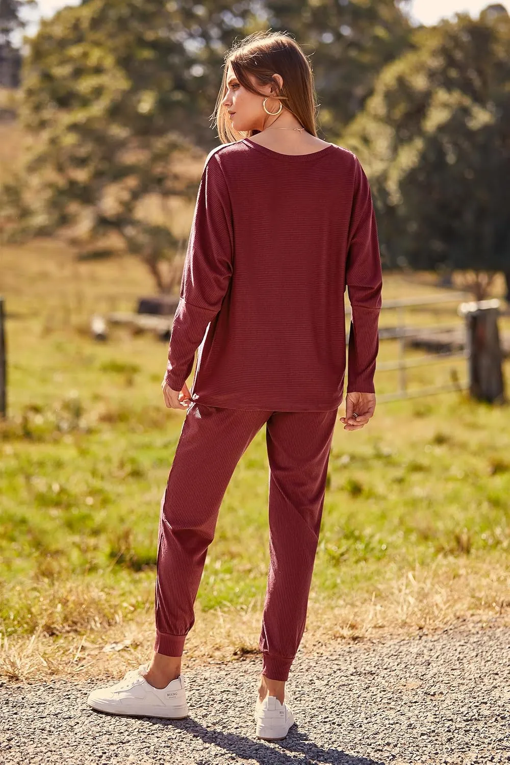 PRETTYGARDEN Women's Fall 2 Piece Outfits Fashion Sweatsuit Long Sleeve Pullover Pants Ribbed Spring Matching Lounge Set