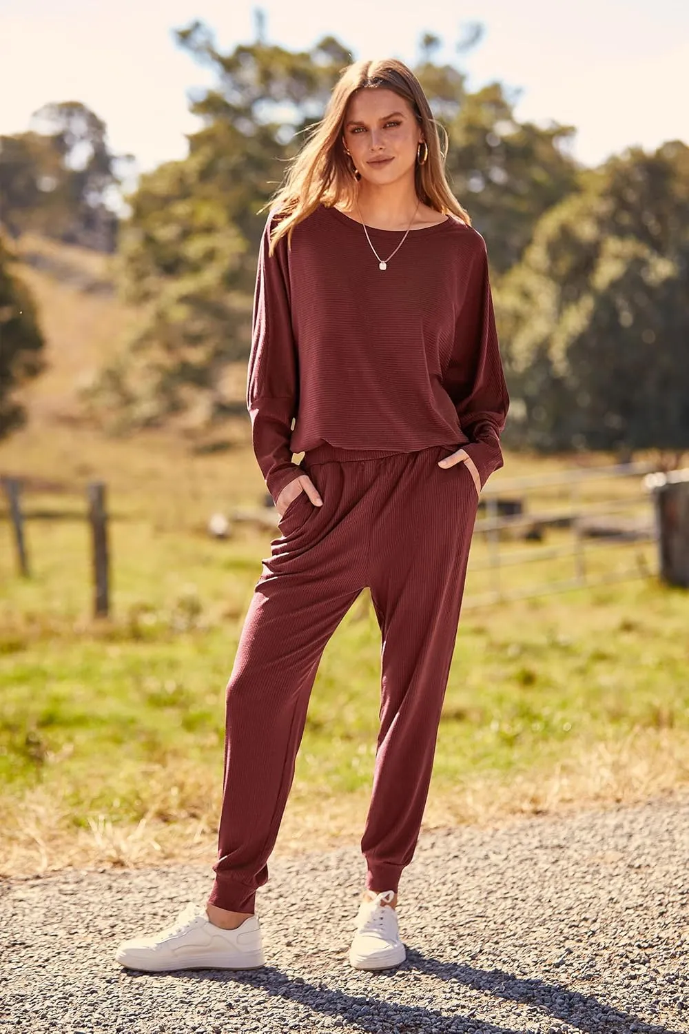 PRETTYGARDEN Women's Fall 2 Piece Outfits Fashion Sweatsuit Long Sleeve Pullover Pants Ribbed Spring Matching Lounge Set