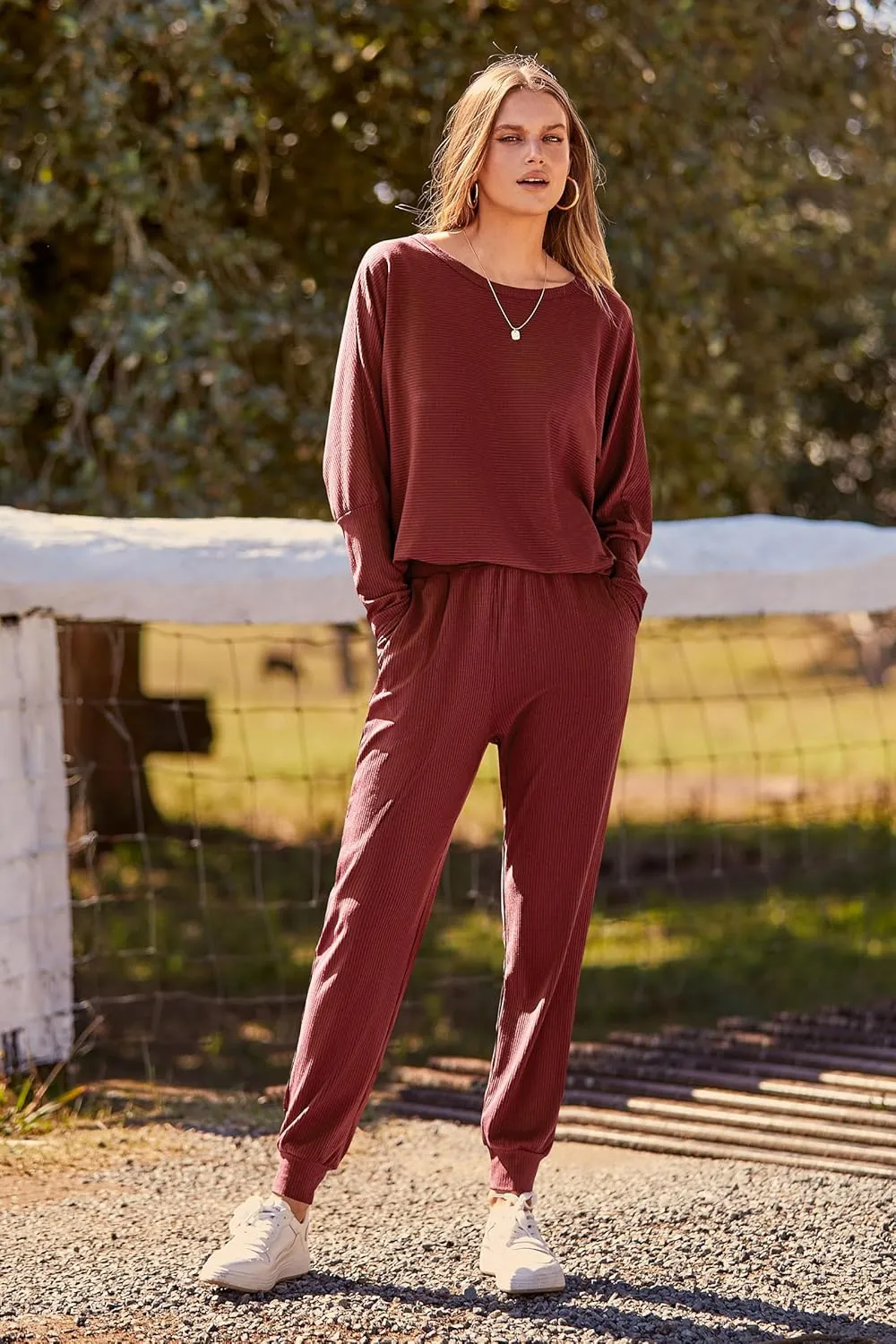 PRETTYGARDEN Women's Fall 2 Piece Outfits Fashion Sweatsuit Long Sleeve Pullover Pants Ribbed Spring Matching Lounge Set