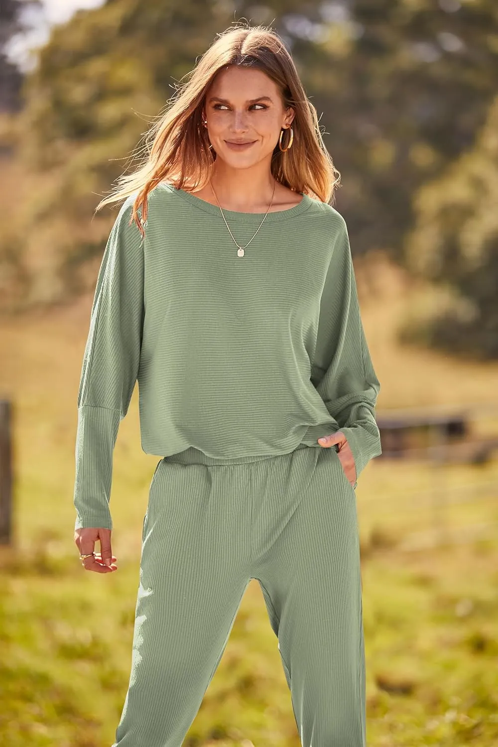 PRETTYGARDEN Women's Fall 2 Piece Outfits Fashion Sweatsuit Long Sleeve Pullover Pants Ribbed Spring Matching Lounge Set