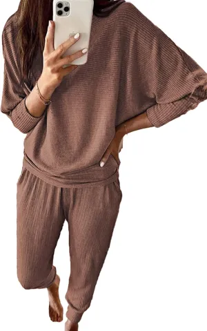 PRETTYGARDEN Women's Fall 2 Piece Outfits Fashion Sweatsuit Long Sleeve Pullover Pants Ribbed Spring Matching Lounge Set