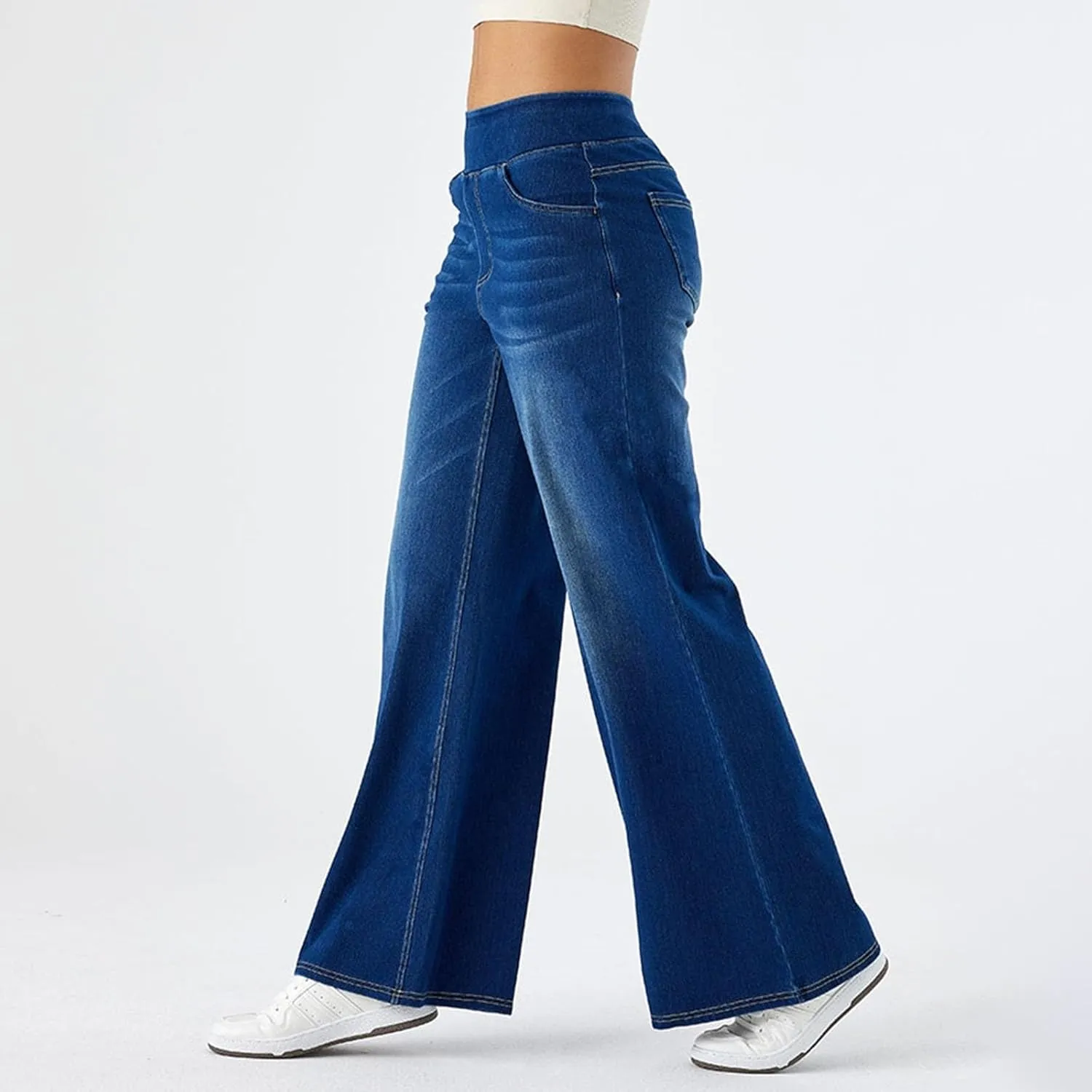Pull On Wide Leg Jeans for Women, High Waisted Stretchy Baggy Trendy Tummy Control Wide Leg Denim Pants with Pockets