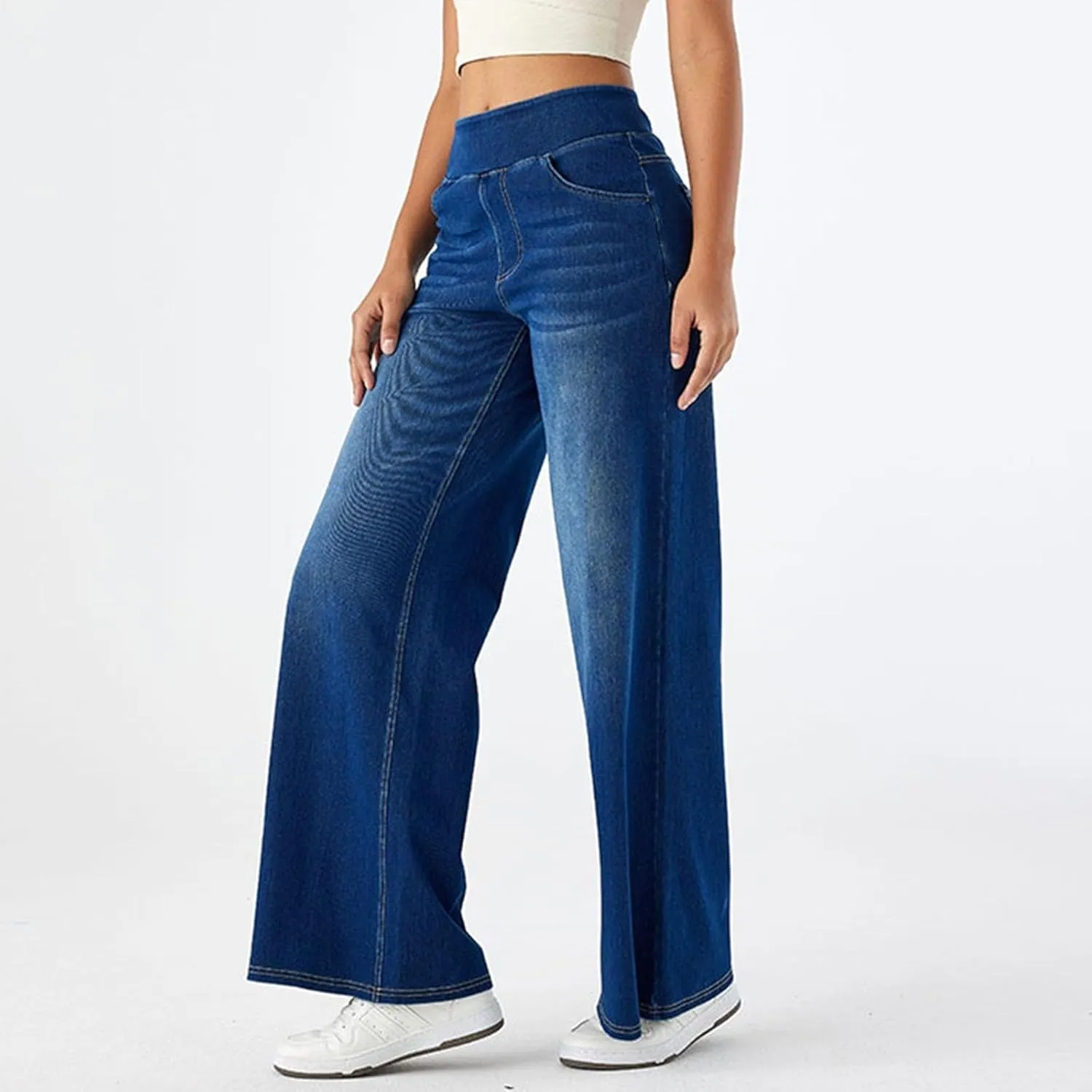 Pull On Wide Leg Jeans for Women, High Waisted Stretchy Baggy Trendy Tummy Control Wide Leg Denim Pants with Pockets