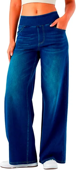 Pull On Wide Leg Jeans for Women, High Waisted Stretchy Baggy Trendy Tummy Control Wide Leg Denim Pants with Pockets