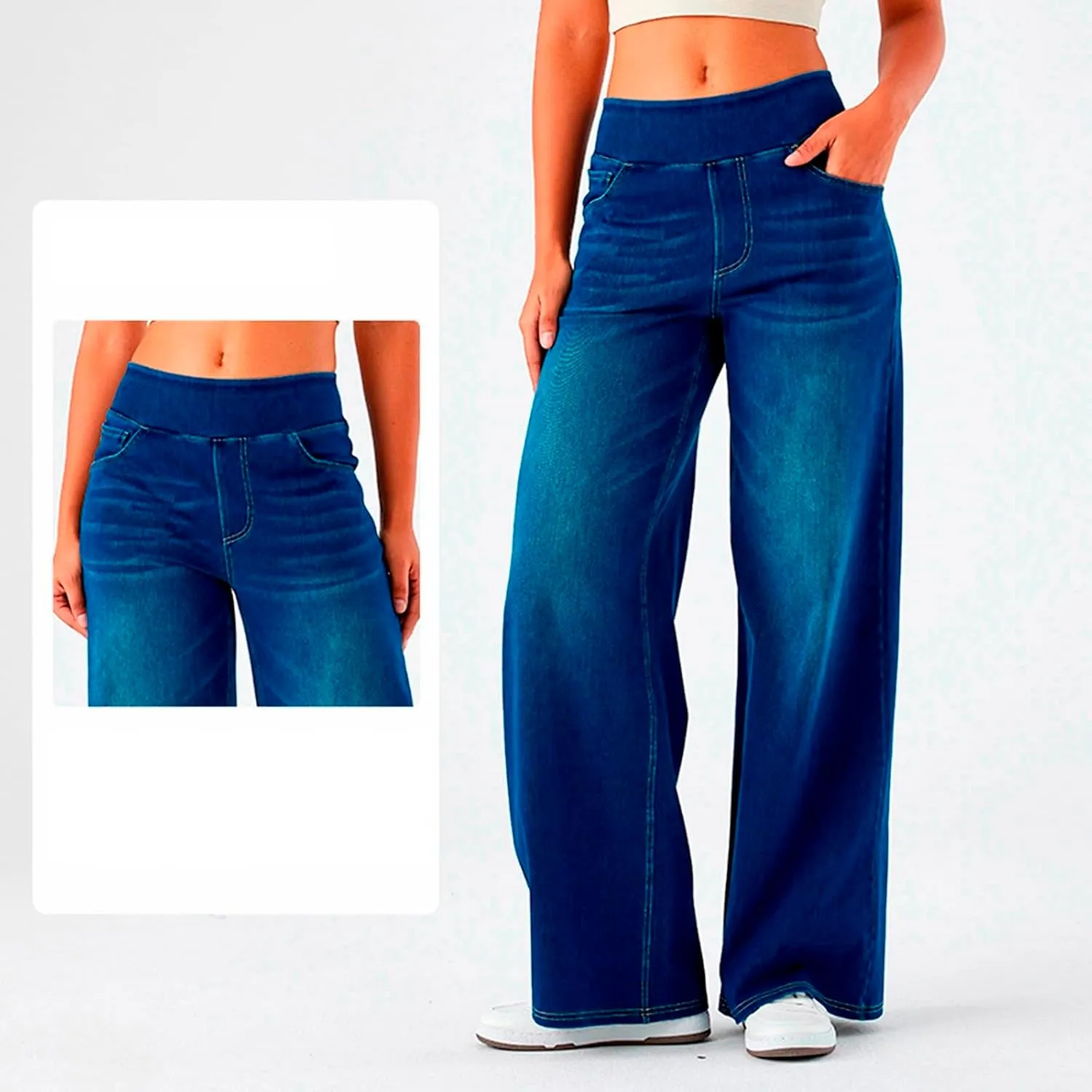 Pull On Wide Leg Jeans for Women, High Waisted Stretchy Baggy Trendy Tummy Control Wide Leg Denim Pants with Pockets