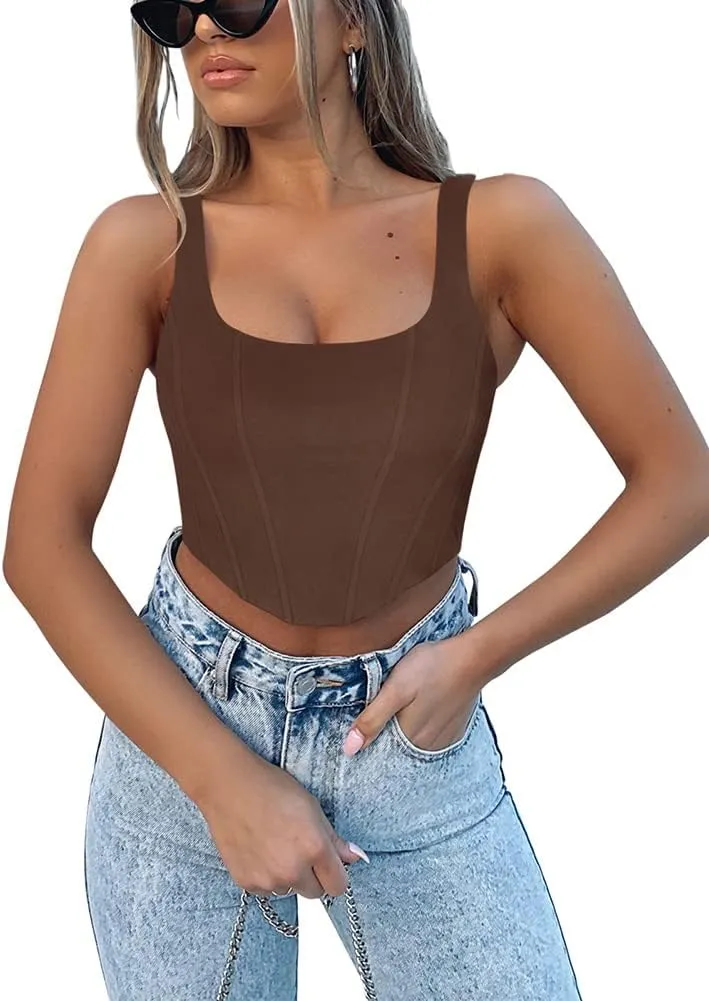 REORIA Women's Summer Sexy Square Neck Sleeveless Trendy Bustier Corset Crop Tank Tops