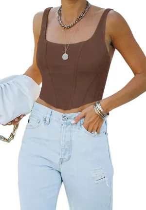 REORIA Women's Summer Sexy Square Neck Sleeveless Trendy Bustier Corset Crop Tank Tops