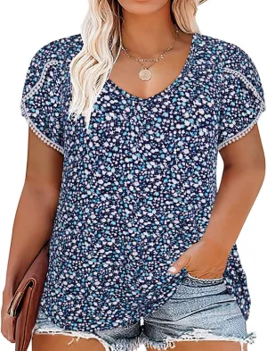 RITERA Plus Size Tops for Women Floral/Solid Color Short Sleeve V Neck with Ring Hole Summer Tshirt XL-5XL