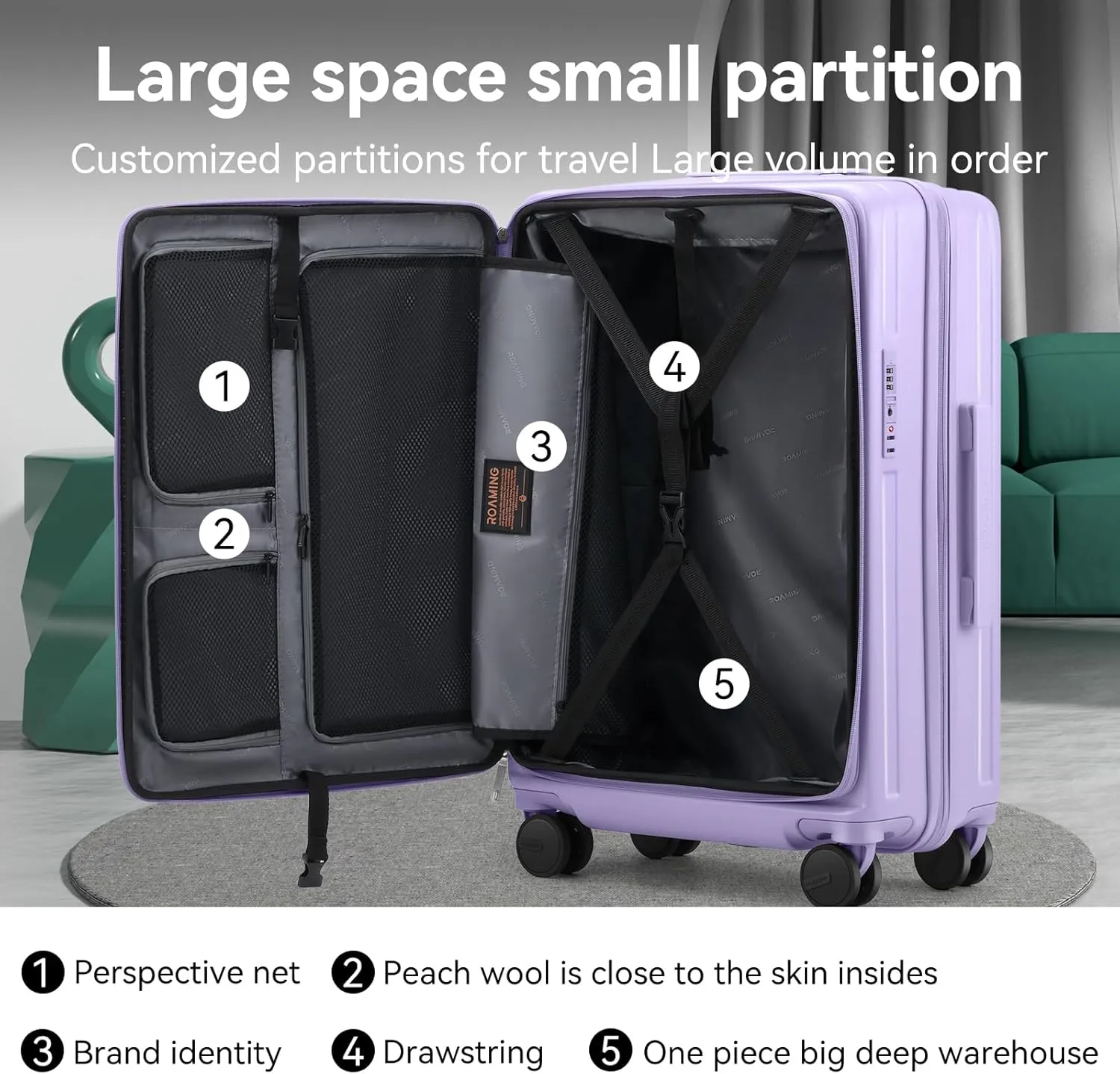ROAMING 20 Inch Carry On Luggage Expandable Front Opening Rolling Vacation Suitcase with Spinner Wheels and TSA Lock Cup Holder PC Hard Shell Travel Trolley Case for Shout Business Trips purple