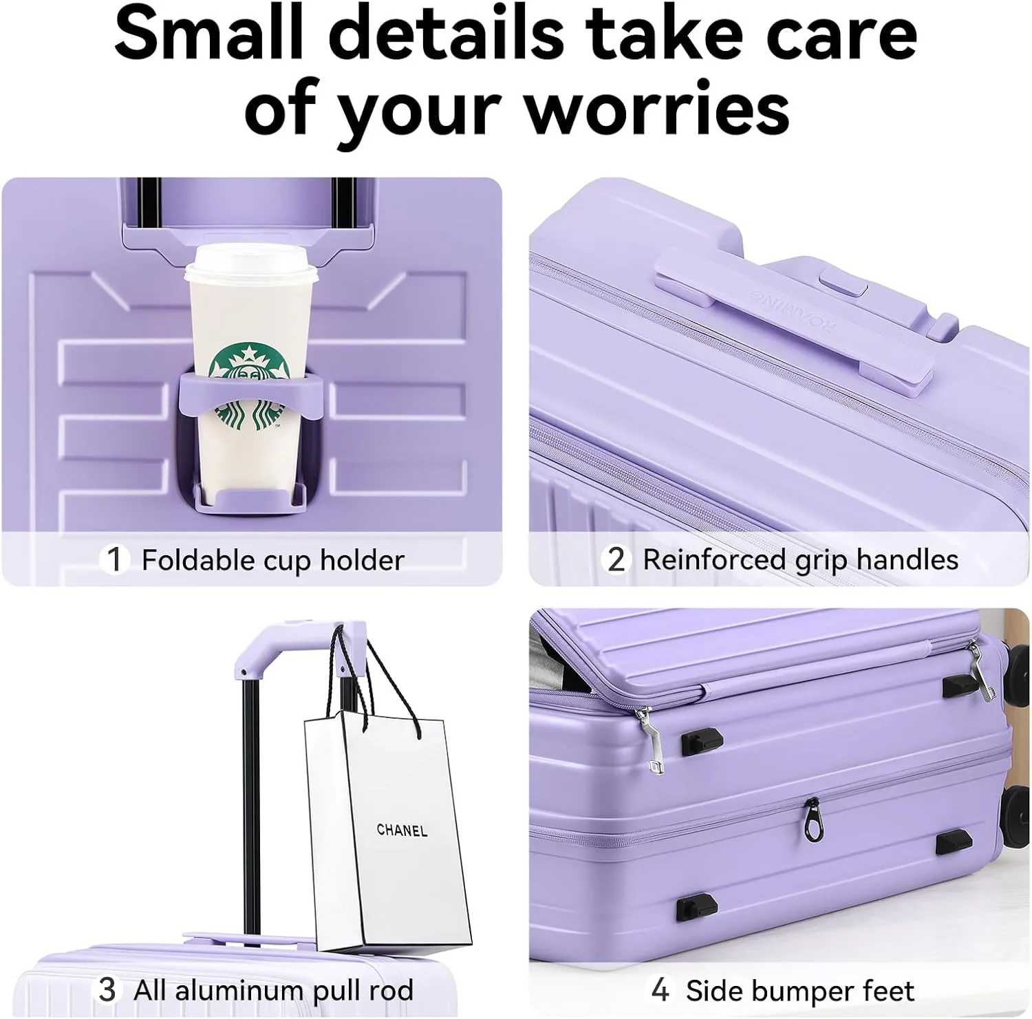 ROAMING 20 Inch Carry On Luggage Expandable Front Opening Rolling Vacation Suitcase with Spinner Wheels and TSA Lock Cup Holder PC Hard Shell Travel Trolley Case for Shout Business Trips purple