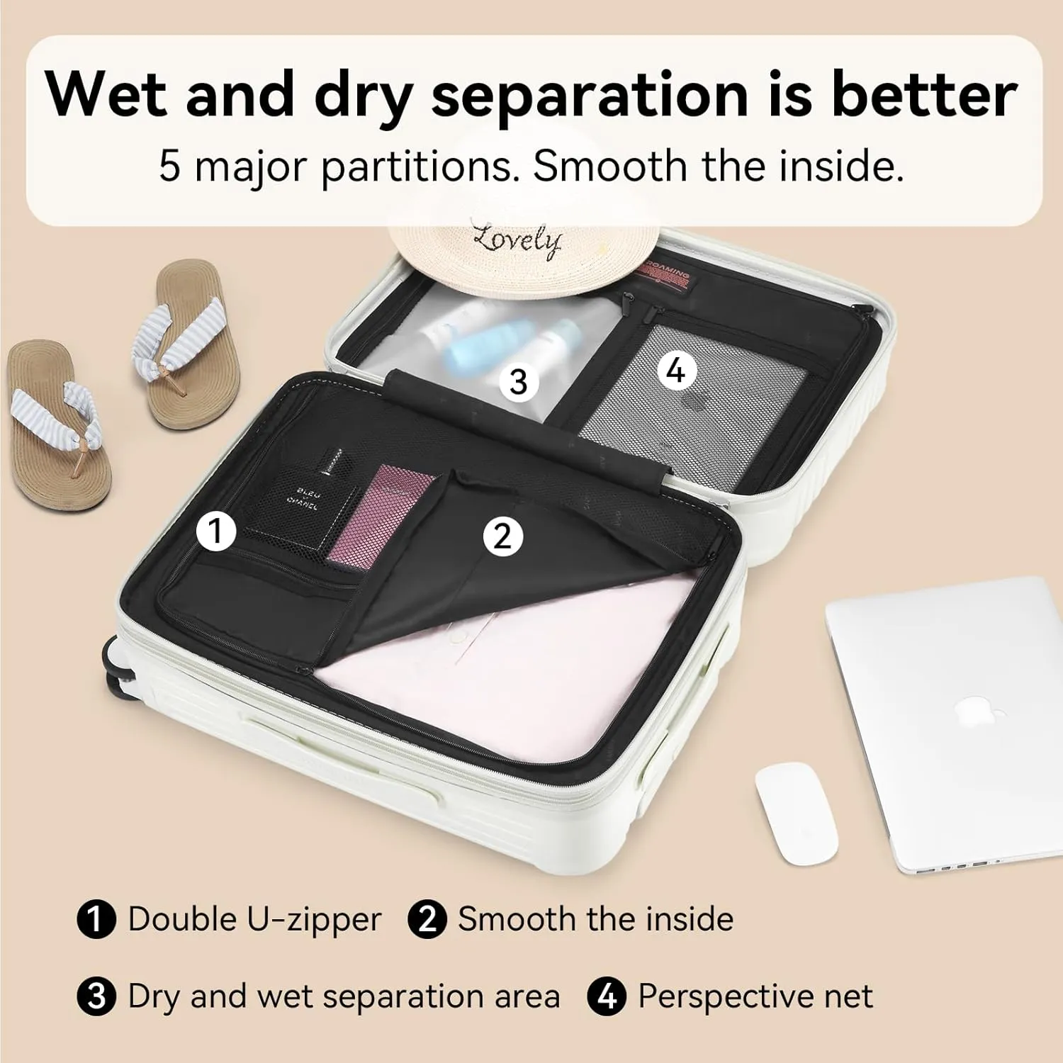 ROAMING 24 inch Elegance Expandable Hardshell Large Suitcase Medium Checked Lightweight Luggage with Spinner Wheels with USB Port TSA Lock Cup Holder Luggage Gift Clear Suitcase Cover Milkshake white
