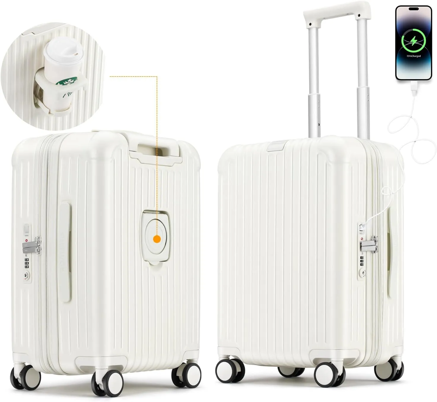 ROAMING 24 inch Elegance Expandable Hardshell Large Suitcase Medium Checked Lightweight Luggage with Spinner Wheels with USB Port TSA Lock Cup Holder Luggage Gift Clear Suitcase Cover Milkshake white