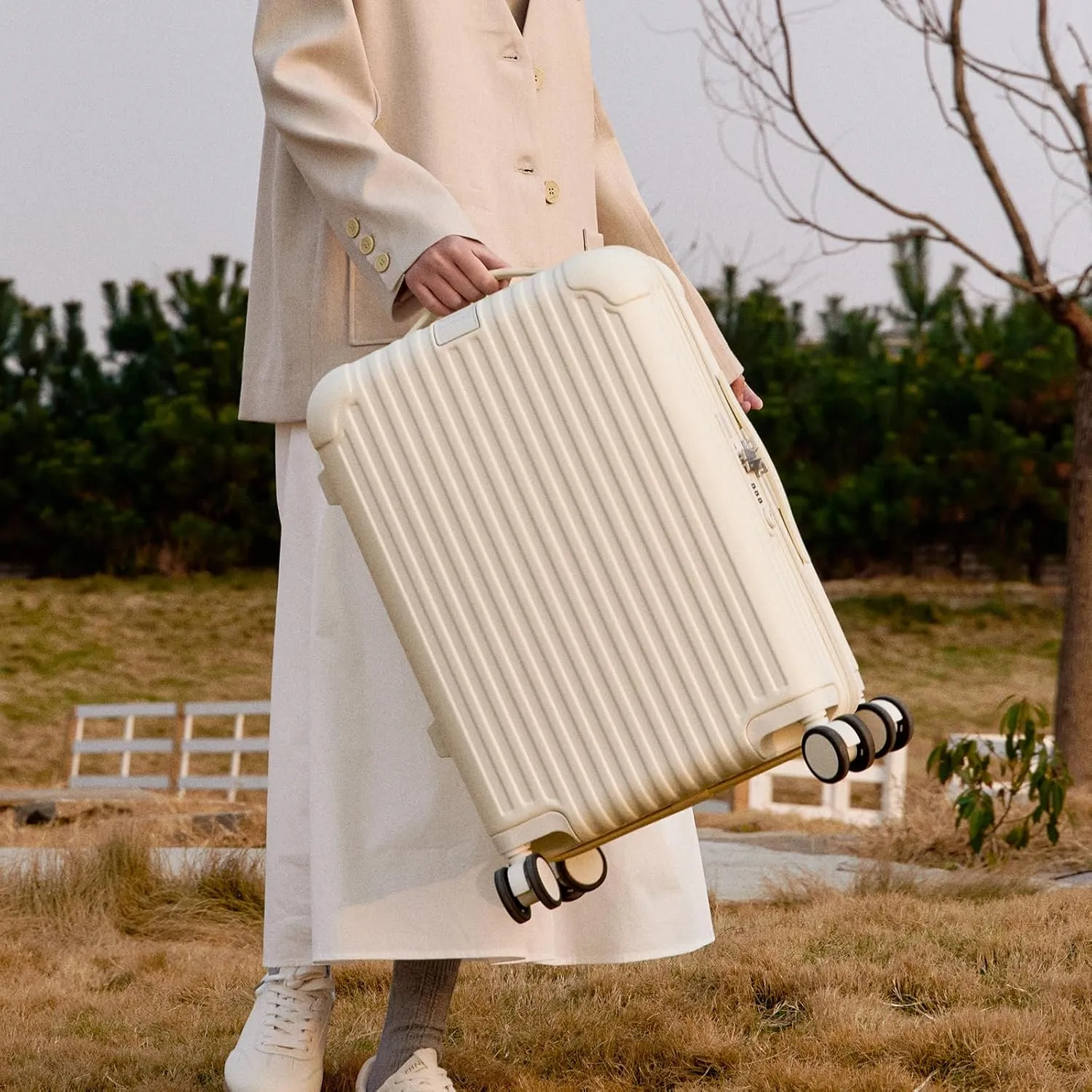 ROAMING 24 inch Elegance Expandable Hardshell Large Suitcase Medium Checked Lightweight Luggage with Spinner Wheels with USB Port TSA Lock Cup Holder Luggage Gift Clear Suitcase Cover Milkshake white