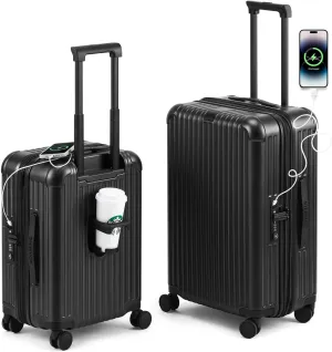 ROAMING 24 inch Suitcase Checked Luggage, Hard Shell PC Suitcase with Double Spinner Wheels, large Lightweight Expandable Rolling Luggage with TSA Lock & Cup Holder & USB Port YKK Zipper (Black)