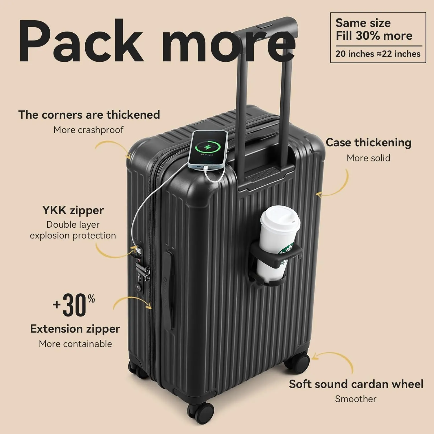 ROAMING 24 inch Suitcase Checked Luggage, Hard Shell PC Suitcase with Double Spinner Wheels, large Lightweight Expandable Rolling Luggage with TSA Lock & Cup Holder & USB Port YKK Zipper (Black)