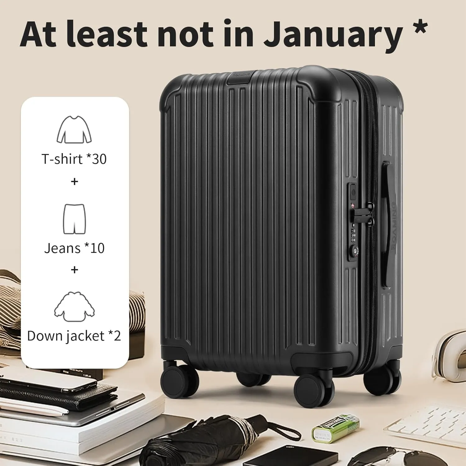 ROAMING 24 inch Suitcase Checked Luggage, Hard Shell PC Suitcase with Double Spinner Wheels, large Lightweight Expandable Rolling Luggage with TSA Lock & Cup Holder & USB Port YKK Zipper (Black)