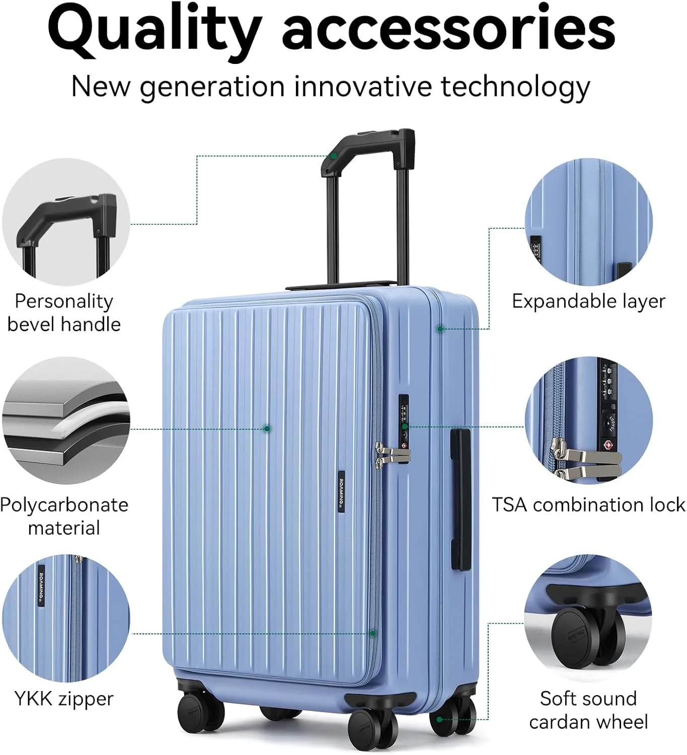 ROAMING 26-Inch Checked Luggage Expandable Front Opening Rolling Vacation Suitcase with Spinner Wheels and TSA Lock Cup Holder, PC Hard Shell Travel Trolley Case for Shout Business Trips Blue