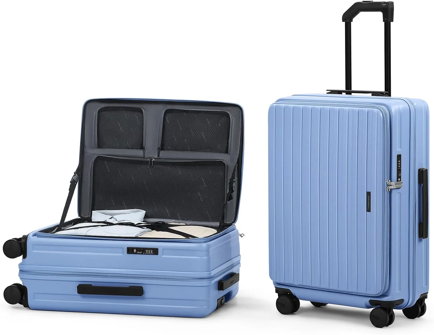 ROAMING 26-Inch Checked Luggage Expandable Front Opening Rolling Vacation Suitcase with Spinner Wheels and TSA Lock Cup Holder, PC Hard Shell Travel Trolley Case for Shout Business Trips Blue