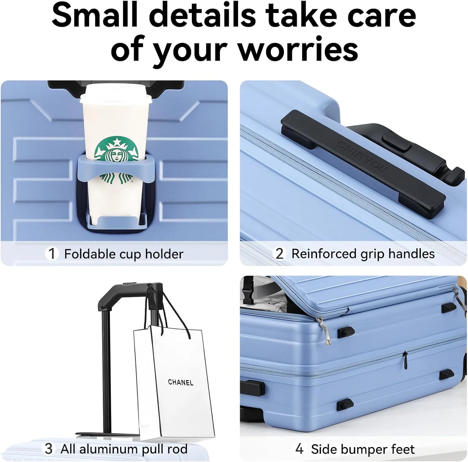 ROAMING 26-Inch Checked Luggage Expandable Front Opening Rolling Vacation Suitcase with Spinner Wheels and TSA Lock Cup Holder, PC Hard Shell Travel Trolley Case for Shout Business Trips Blue