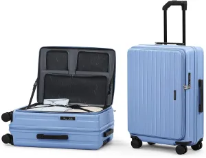 ROAMING 26-Inch Checked Luggage Expandable Front Opening Rolling Vacation Suitcase with Spinner Wheels and TSA Lock Cup Holder, PC Hard Shell Travel Trolley Case for Shout Business Trips Blue