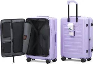 ROAMING 26-Inch Checked Luggage Expandable Front Opening Rolling Vacation Suitcase with Spinner Wheels and TSA Lock Cup Holder, PC Hard Shell Travel Trolley Case for Shout Business Trips purple
