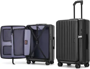 ROAMING 26 Inch Checked Luggage, Specially Designed Ergonomic Pull Rod Handle with Cup Holder TSA Lock PC Hard Shell Front Opening Rolling Expandable Travel Suitcases with Spinner Wheels (Black)