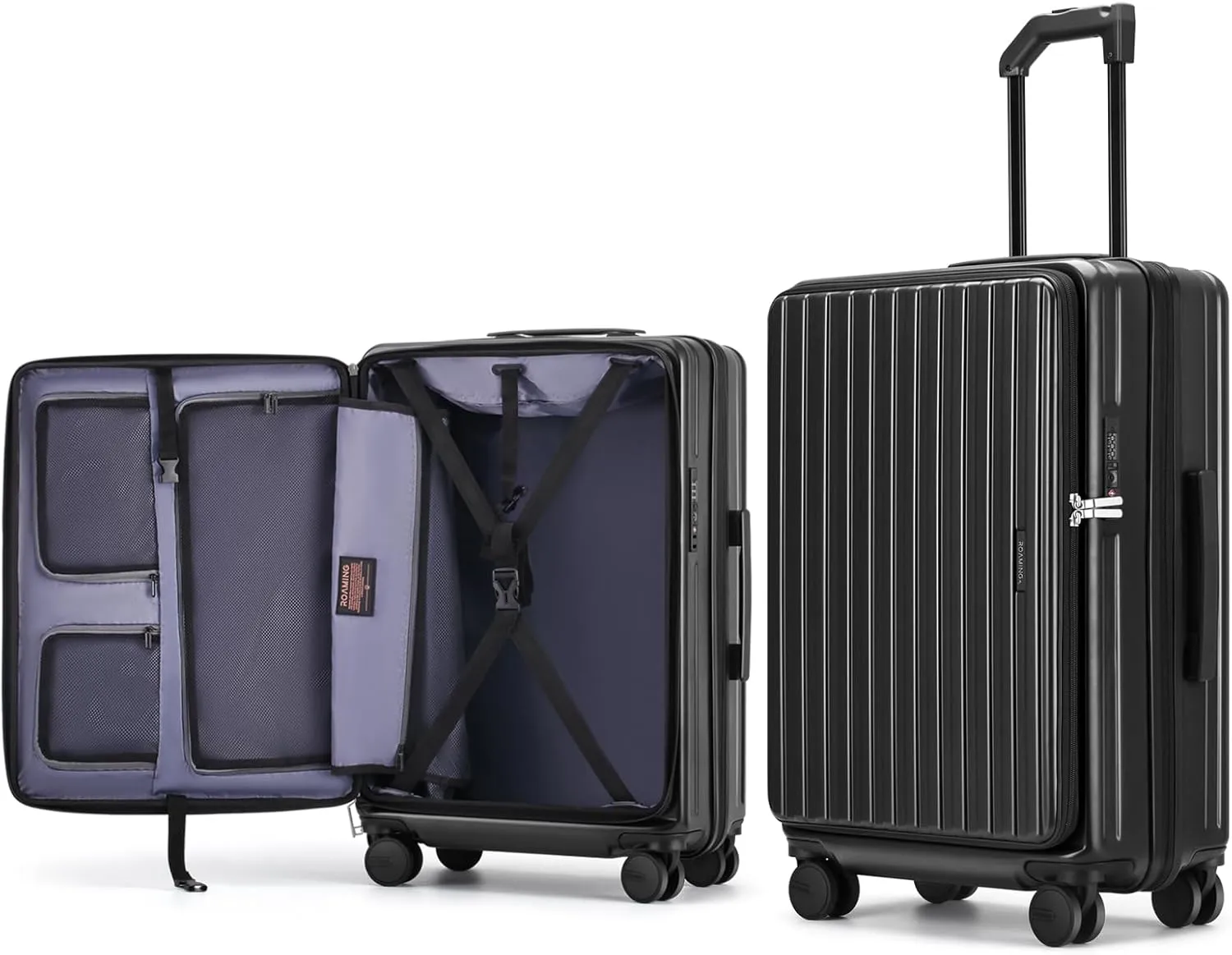 ROAMING 26 Inch Checked Luggage, Specially Designed Ergonomic Pull Rod Handle with Cup Holder TSA Lock PC Hard Shell Front Opening Rolling Expandable Travel Suitcases with Spinner Wheels (Black)
