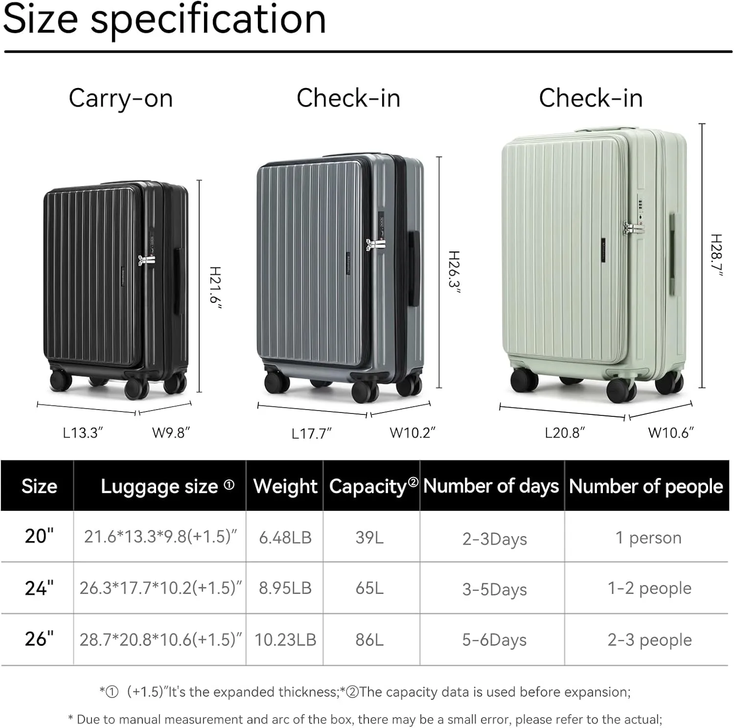 ROAMING 26 Inch Checked Luggage, Specially Designed Ergonomic Pull Rod Handle with Cup Holder TSA Lock PC Hard Shell Front Opening Rolling Expandable Travel Suitcases with Spinner Wheels (Black)
