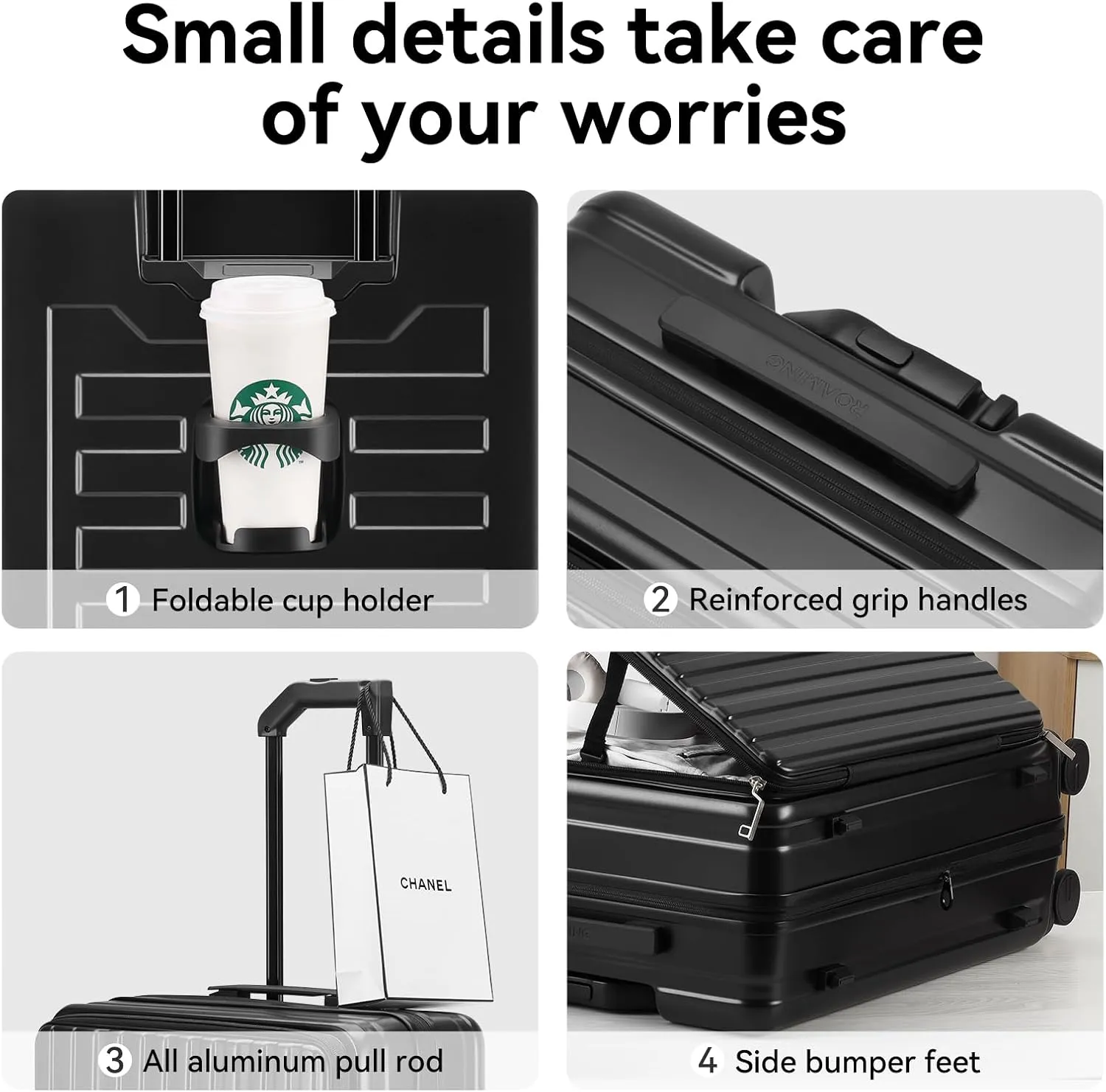 ROAMING 26 Inch Checked Luggage, Specially Designed Ergonomic Pull Rod Handle with Cup Holder TSA Lock PC Hard Shell Front Opening Rolling Expandable Travel Suitcases with Spinner Wheels (Black)