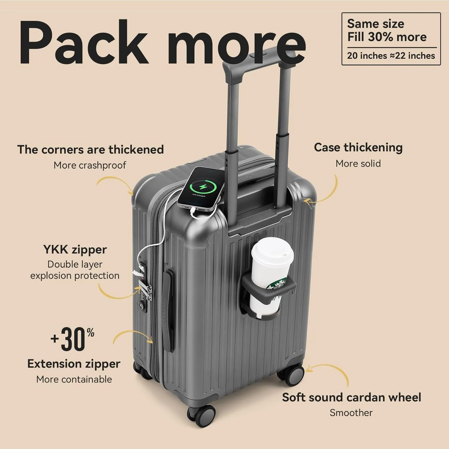 ROAMING Checked Luggage Expandable Suitcase PC with USB Port Cup Holder Hard Sided Luggage with Double Spinner Wheels Lightweight Rolling Luggage Built-In TSA lock 20in 24in 26in Carry on