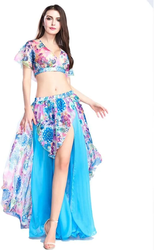 ROYAL SMEELA Belly Dance Costume Set for Women Chiffon Belly Dancing Skirt and Tops Sexy Dancing Dress Outfit One Size