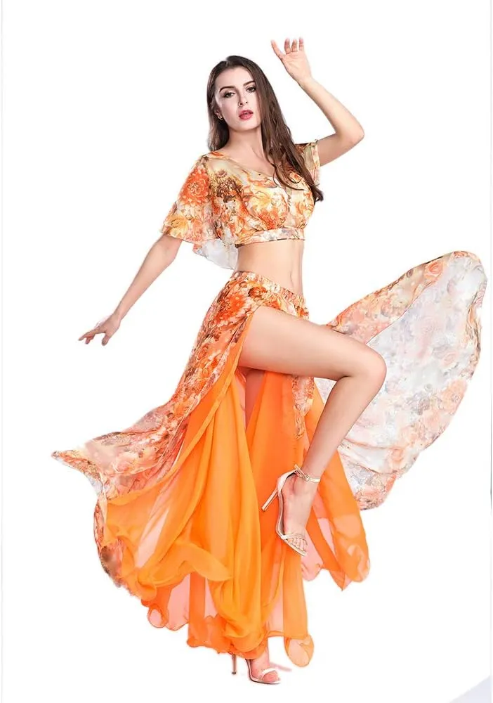 ROYAL SMEELA Belly Dance Costume Set for Women Chiffon Belly Dancing Skirt and Tops Sexy Dancing Dress Outfit One Size