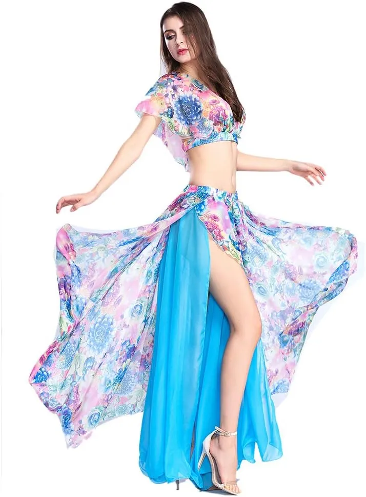 ROYAL SMEELA Belly Dance Costume Set for Women Chiffon Belly Dancing Skirt and Tops Sexy Dancing Dress Outfit One Size