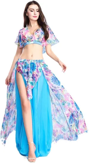 ROYAL SMEELA Belly Dance Costume Set for Women Chiffon Belly Dancing Skirt and Tops Sexy Dancing Dress Outfit One Size