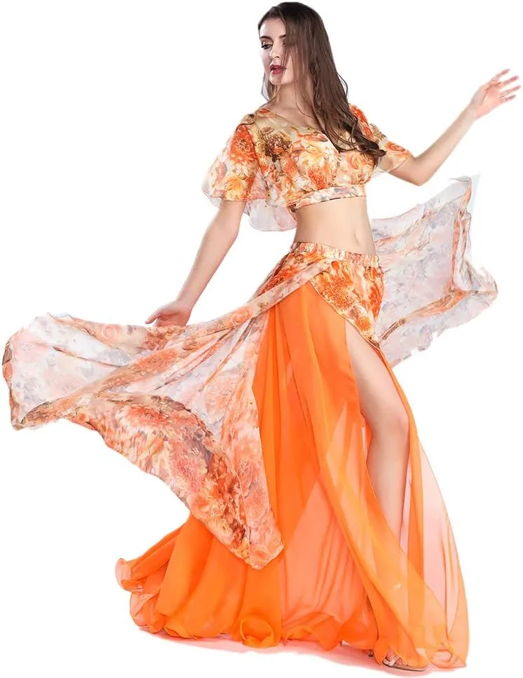 ROYAL SMEELA Belly Dance Costume Set for Women Chiffon Belly Dancing Skirt and Tops Sexy Dancing Dress Outfit One Size