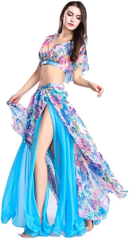 ROYAL SMEELA Belly Dance Costume Set for Women Chiffon Belly Dancing Skirt and Tops Sexy Dancing Dress Outfit One Size
