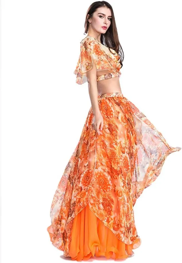 ROYAL SMEELA Belly Dance Costume Set for Women Chiffon Belly Dancing Skirt and Tops Sexy Dancing Dress Outfit One Size