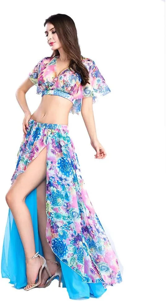ROYAL SMEELA Belly Dance Costume Set for Women Chiffon Belly Dancing Skirt and Tops Sexy Dancing Dress Outfit One Size